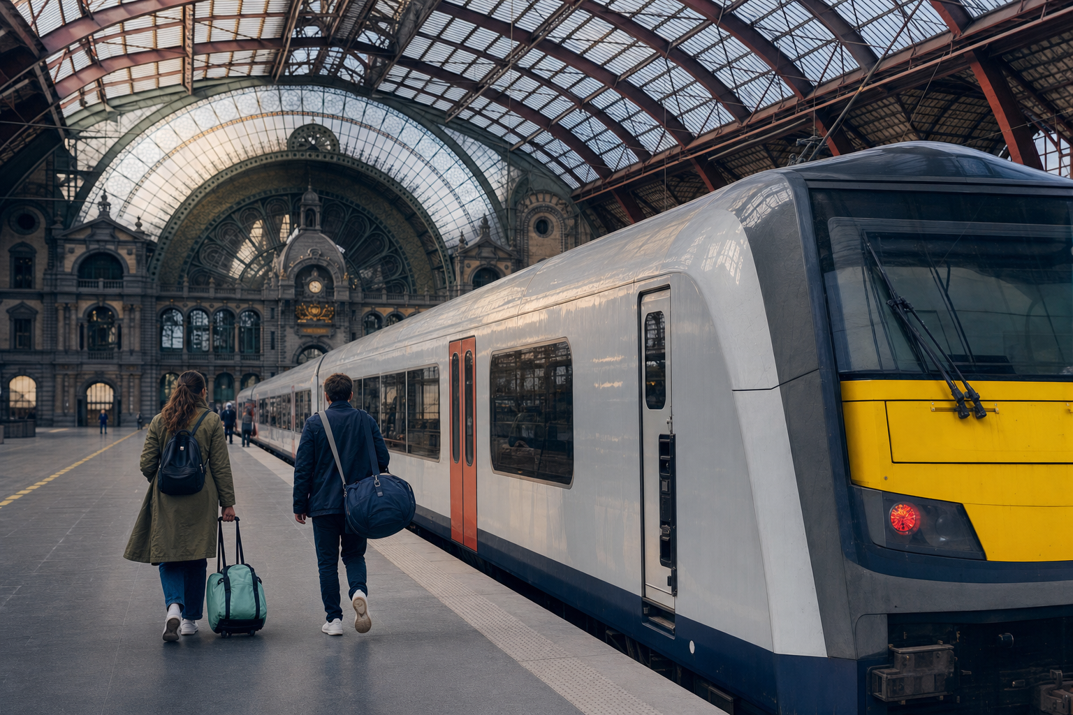 Twee reizigers met weekendtassen lopen langs een trein in station Antwerpen-Centraal