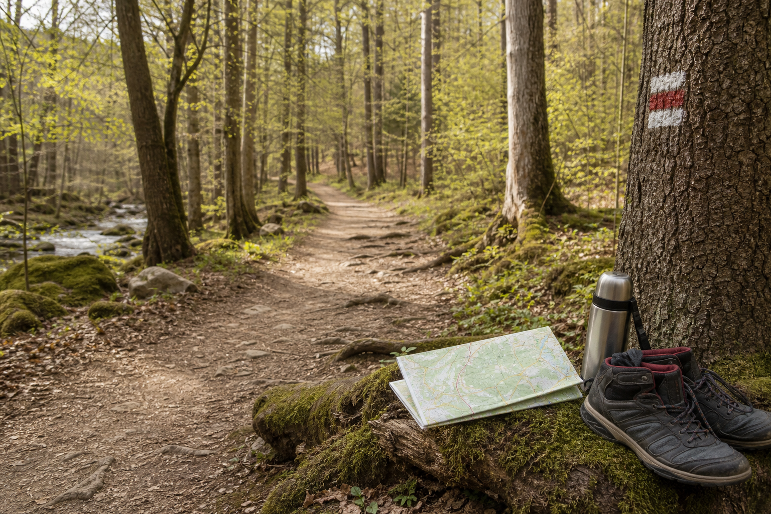 Wandelschoenen, thermos en kaart aan het begin van een bosroute